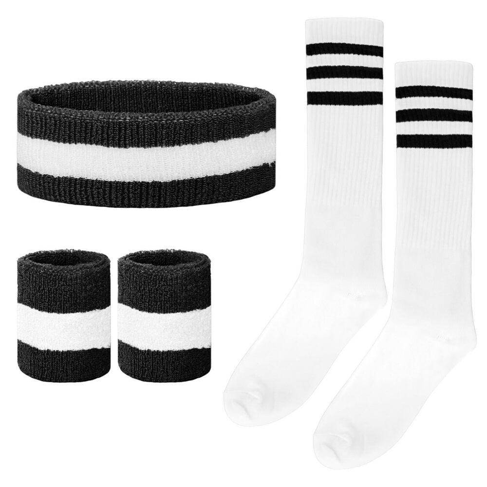 8475 5 Pieces Striped Sweatbands Sock Set Sports Headband High